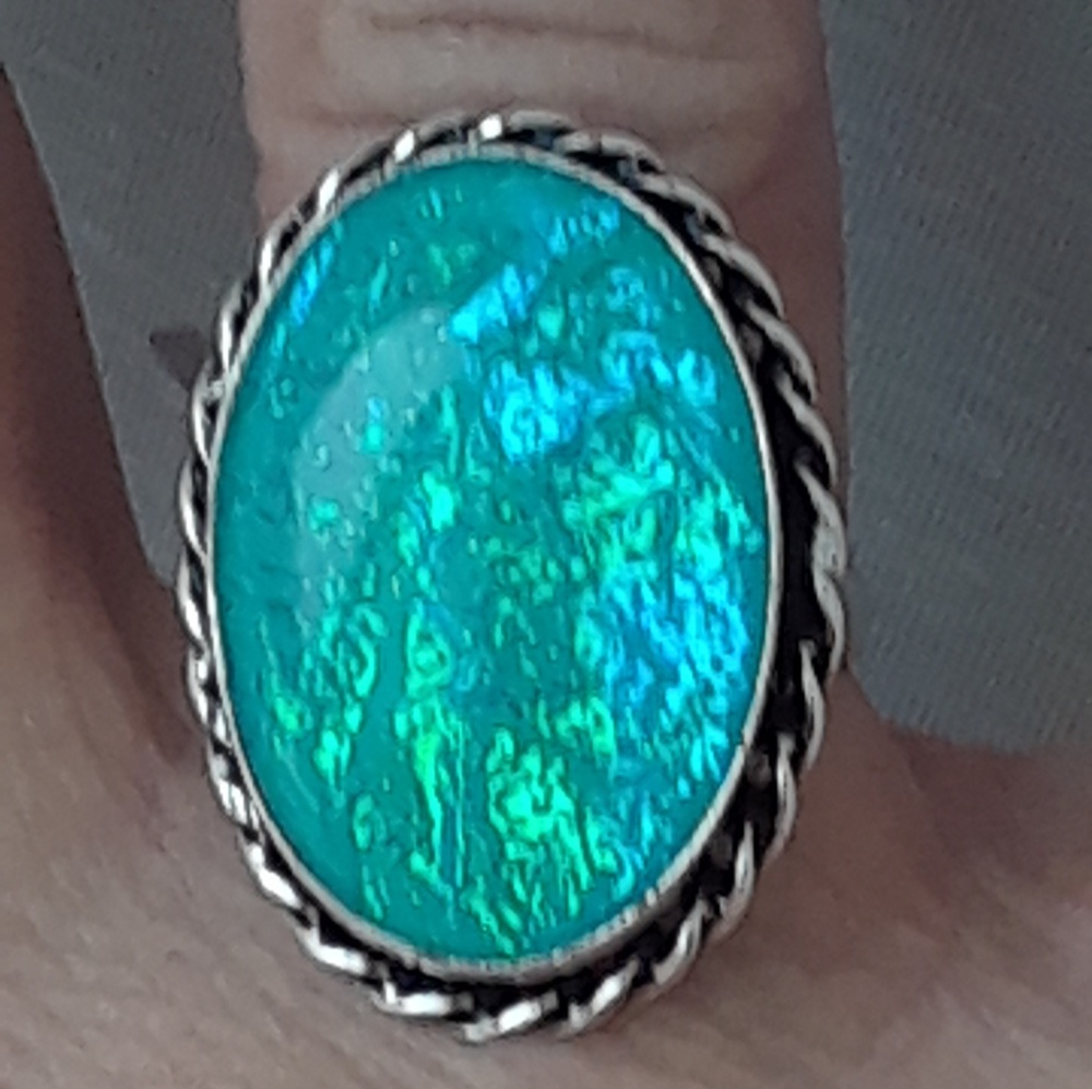 New! Genuine Teal OPAL triplet .925 sz 7.5 + gift